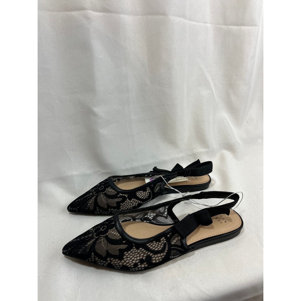 A New Day Womens Black Floral Lace Pointed Toe Slingback Flats Shoes Size 6.5